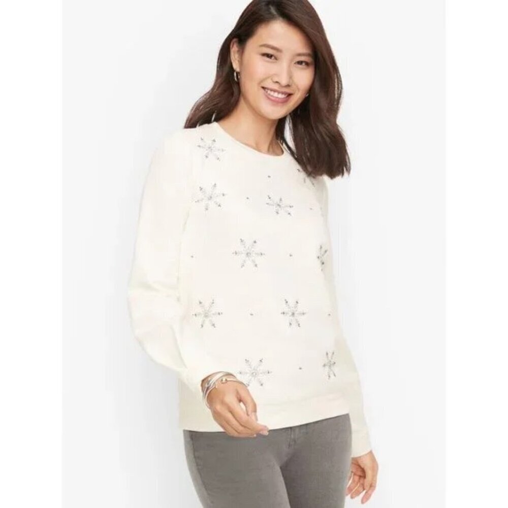 Talbots Beaded Snowflake Crewneck Sweatshirt Ivory Cotton Blend (Size XS)‎